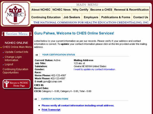 NCHEC Online Services Main Menu